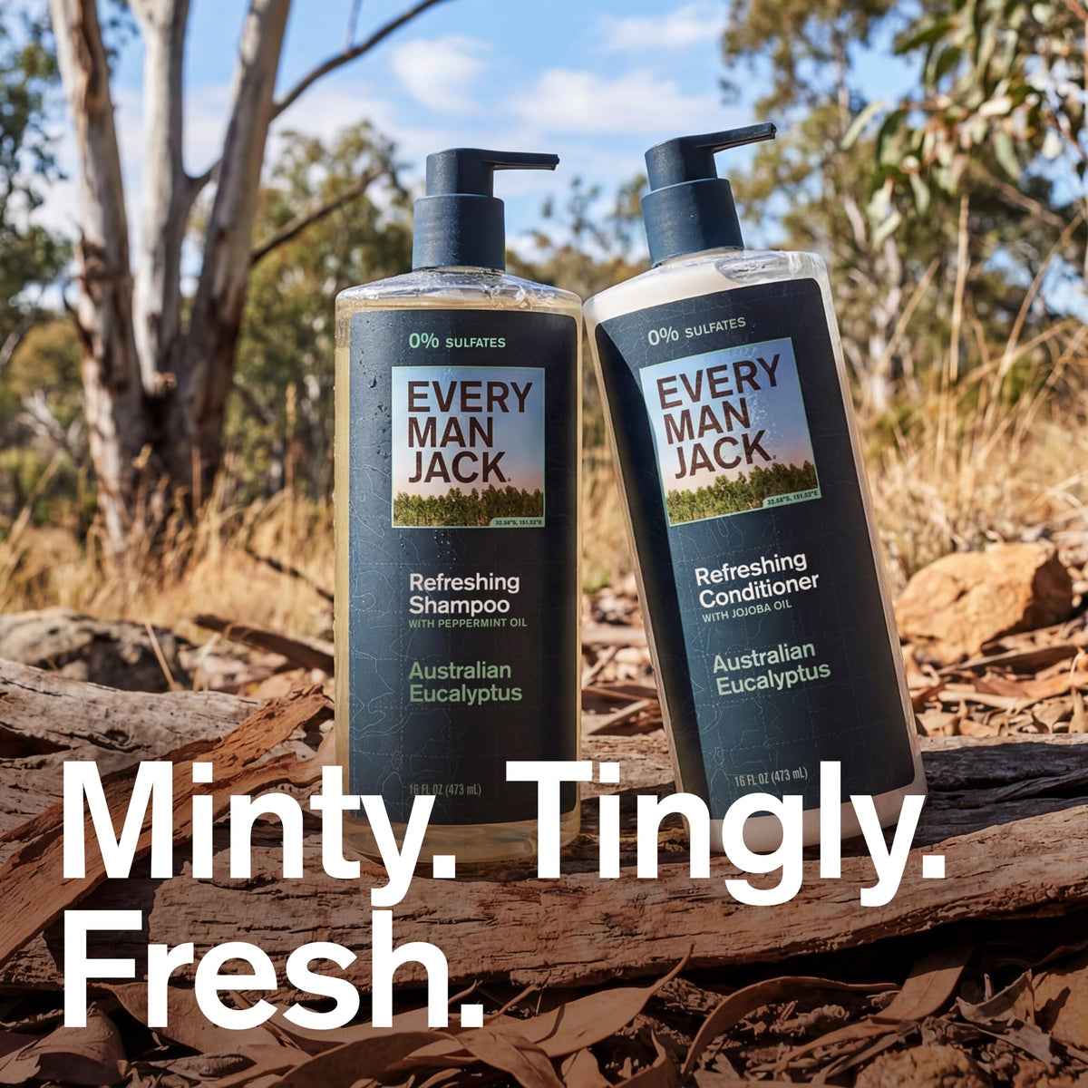 Every Man Jack shampoo pump close-up highlighting ease of use and refreshing cleanse