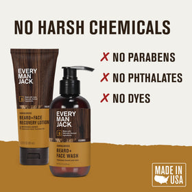 Every Man Jack beard wash being used in shower demonstrating easy rinsing