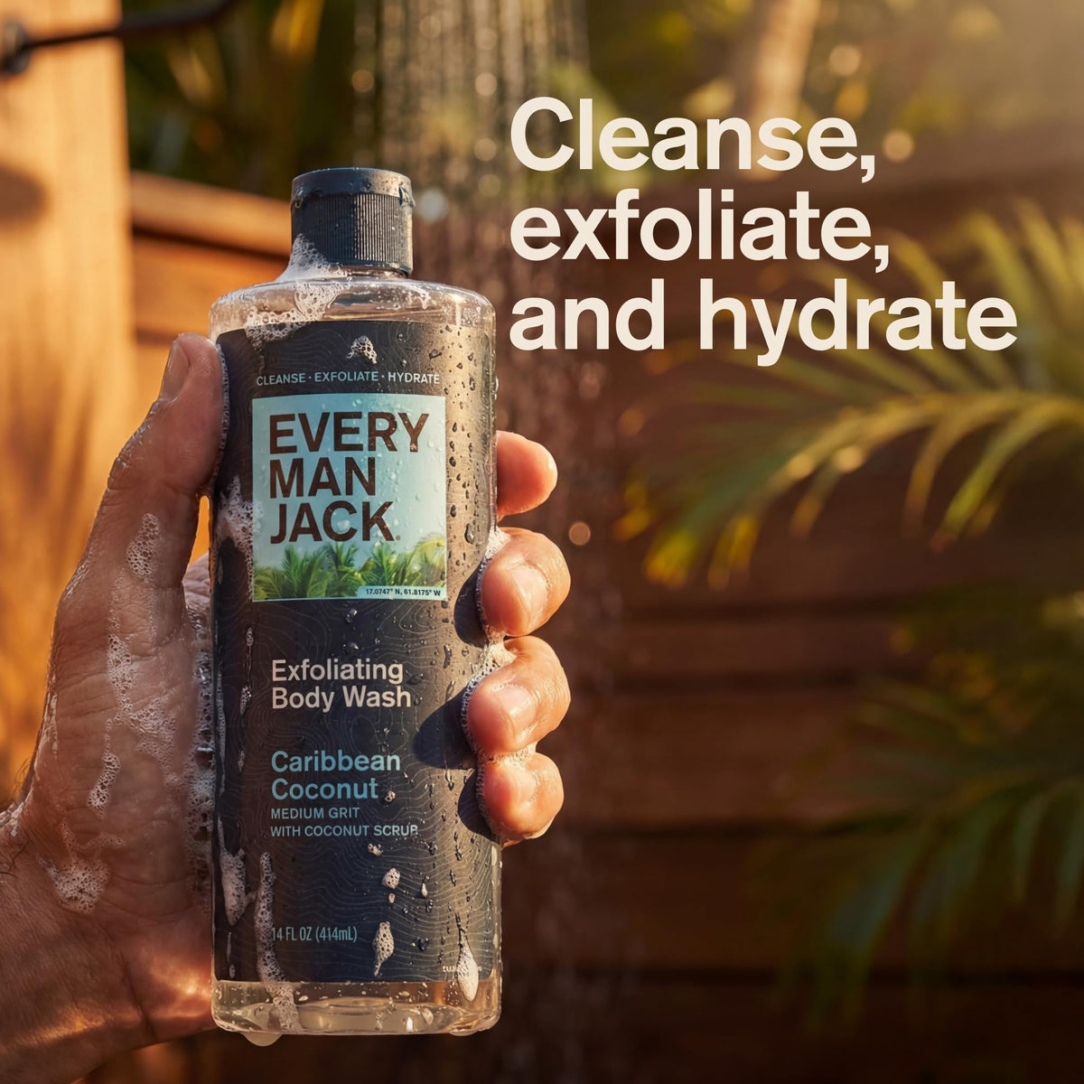 Every Man Jack body wash poured into hand creating rich foam and cleaning power