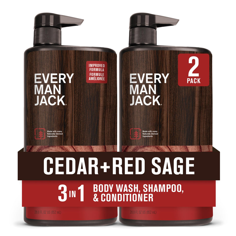Every Man Jack front packaging showing two 28.8oz bottles and cedar scent