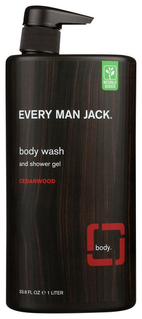 Every Man Jack cedarwood front packaging showing twin 33-ounce bottles and label benefits