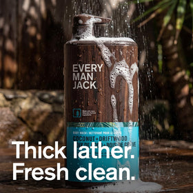 Every Man Jack back label with ingredients list and skin-friendly benefit