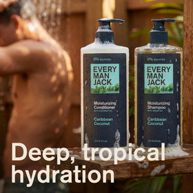 Every Man Jack conditioner pouring creamy formula for detangling and moisture