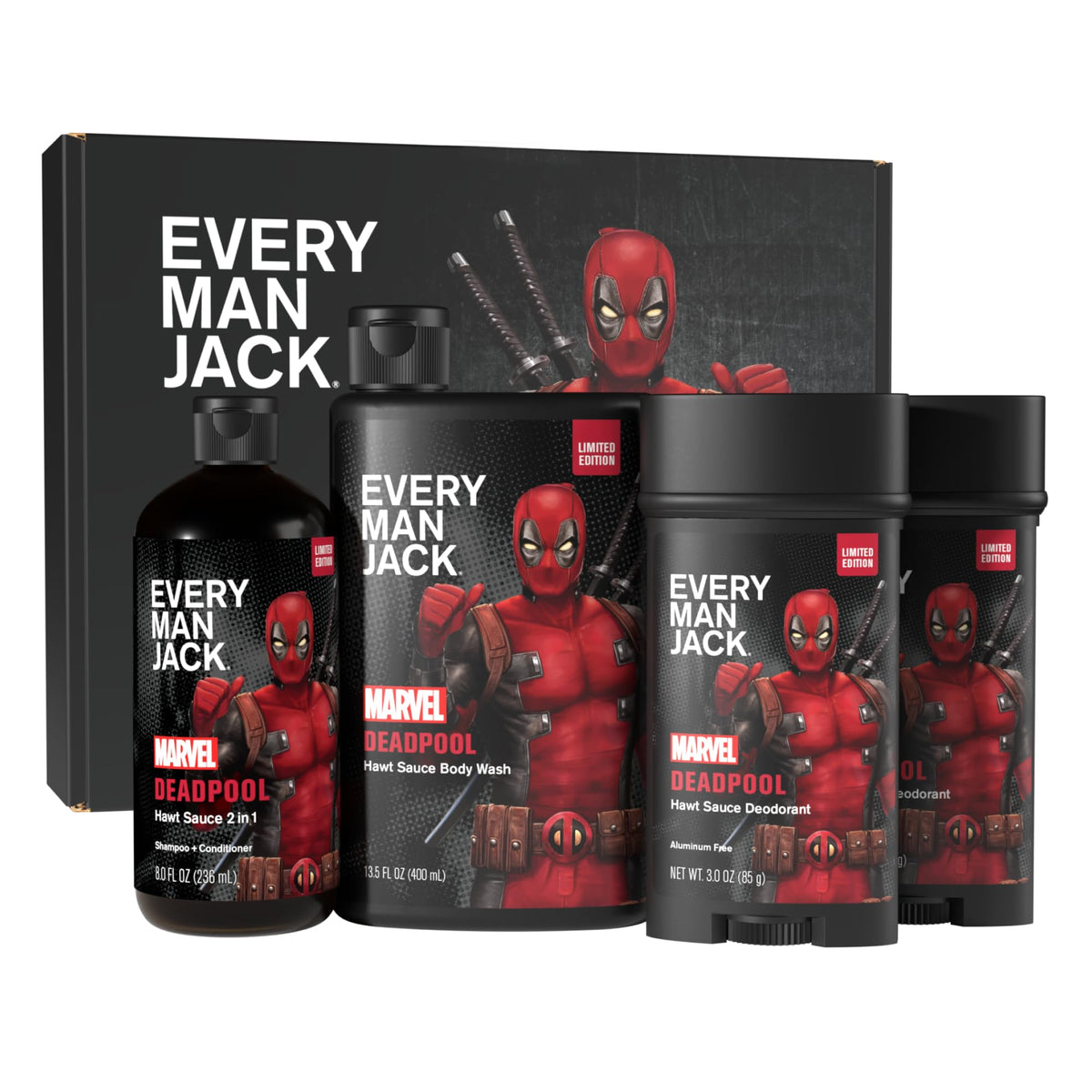 Every Man Jack front packaging showing set and Deadpool artwork for gift appeal
