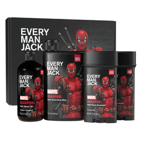 Every Man Jack front packaging showing set and Deadpool artwork for gift appeal