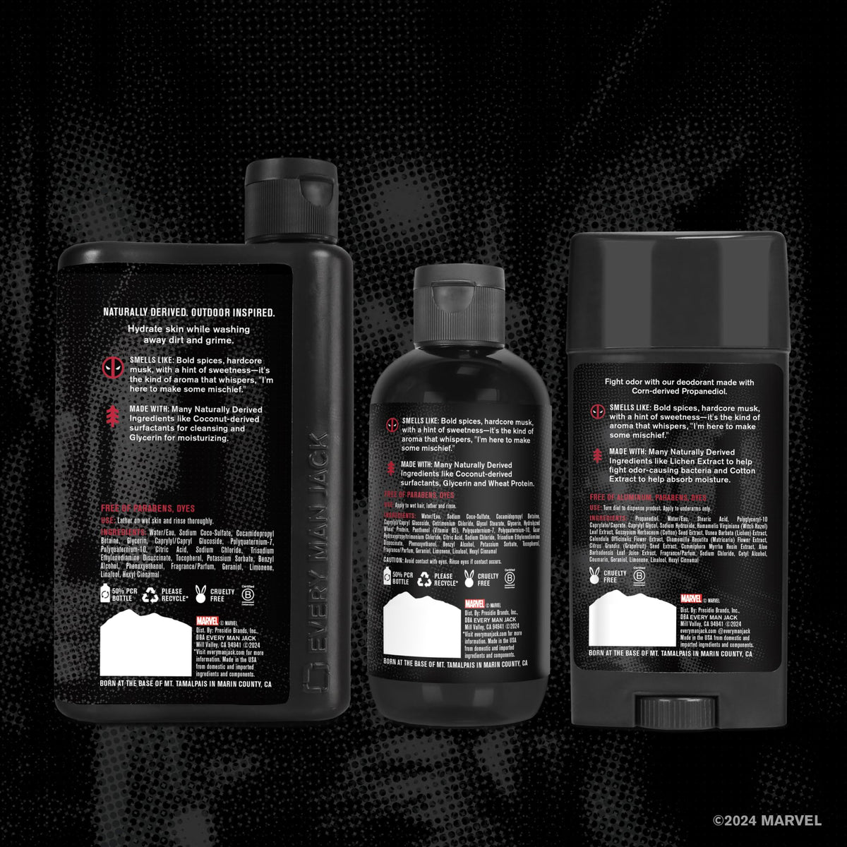 Every Man Jack bottles held in hand showing size and travel-friendly convenience