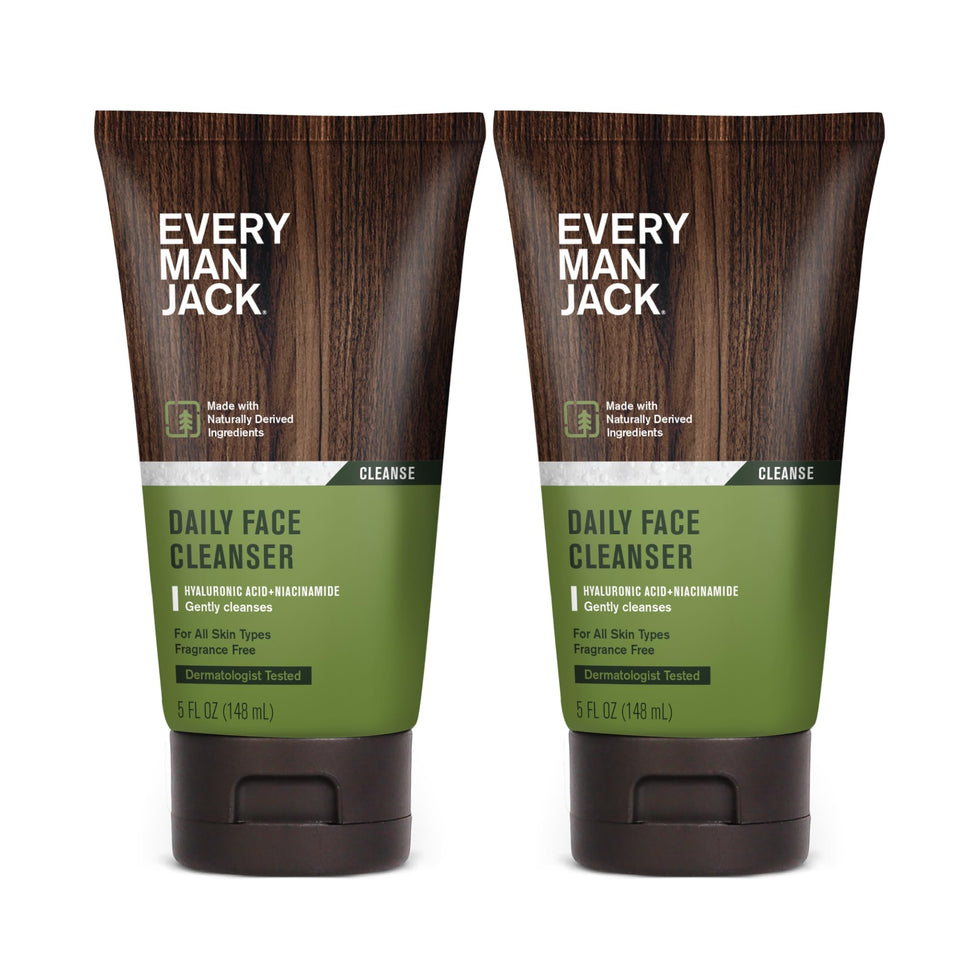 Every Man Jack front packaging showing two 5 fl oz bottles and clear labeling benefit