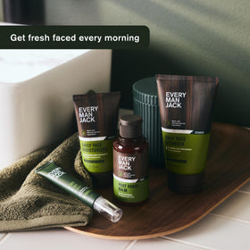 Every Man Jack ingredients label with hyaluronic acid and niacinamide called out benefit
