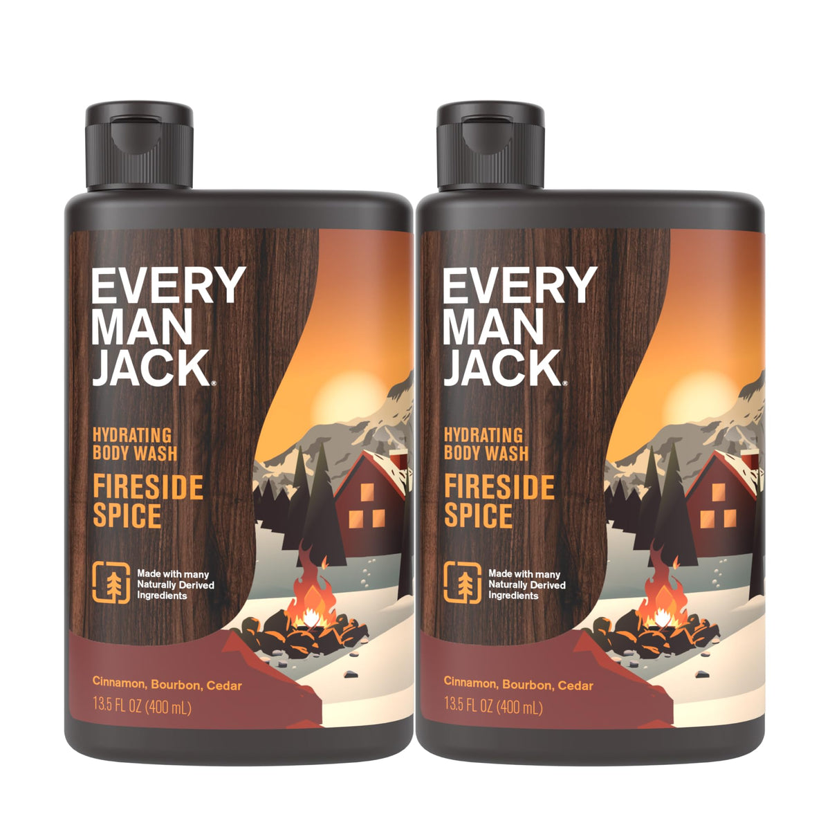 Every Man Jack front packaging showing Fireside Spice scent and two-pack convenience benefit