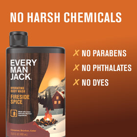 Every Man Jack bottle being used in shower showing active cleansing and refreshing benefit