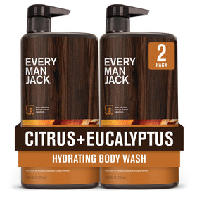 Every Man Jack front bottle showing citrus eucalyptus scent and clean design benefits invigorating shower