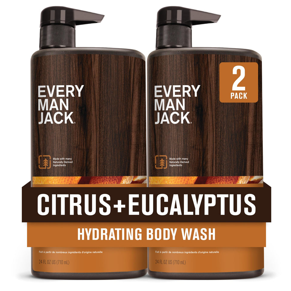 Every Man Jack front bottle showing citrus eucalyptus scent and clean design benefits invigorating shower