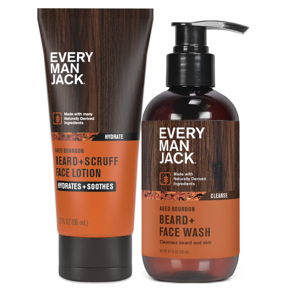 Every Man Jack front packaging of aged bourbon beard set showing bottles and scent