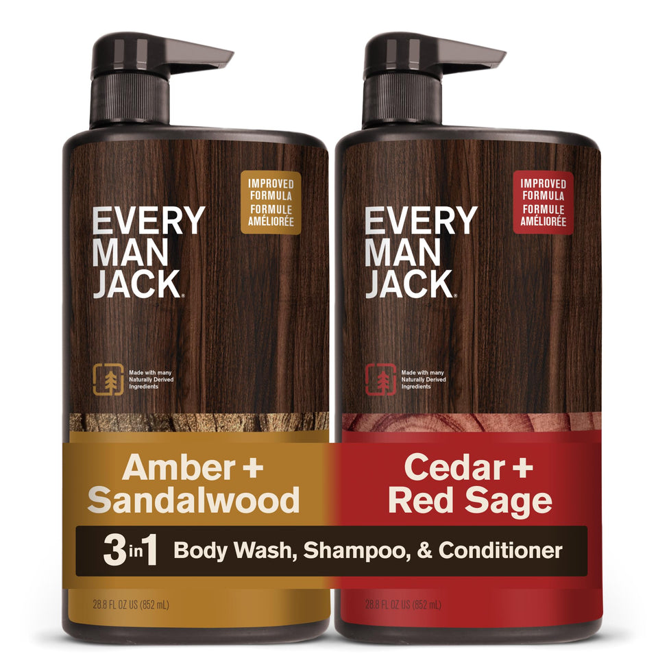 Every Man Jack front packaging showing both bottles and easy pump for convenience