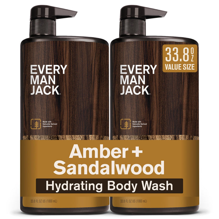 Every Man Jack front packaging showing amber sandalwood scent and benefit of hydration