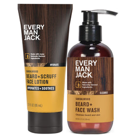 Every Man Jack front packaging showing the beard and face wash and lotion benefits
