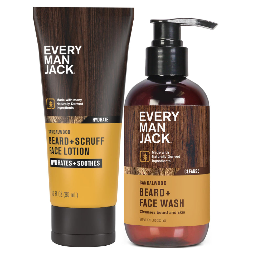 Every Man Jack front packaging showing the beard and face wash and lotion benefits