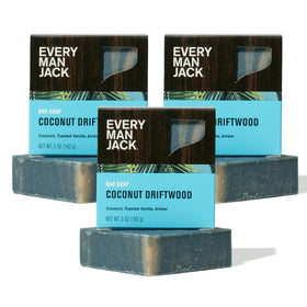 Every Man Jack front packaging showing Coconut + Driftwood scent benefit: clear branding