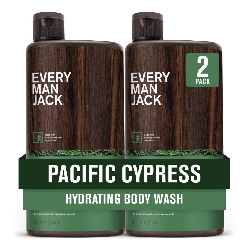 Every Man Jack front packaging showing Pacific Cypress scent and size benefits