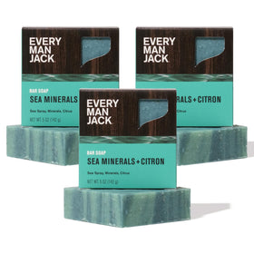 Every Man Jack front packaging showing sea minerals citron scent and recyclable box benefits