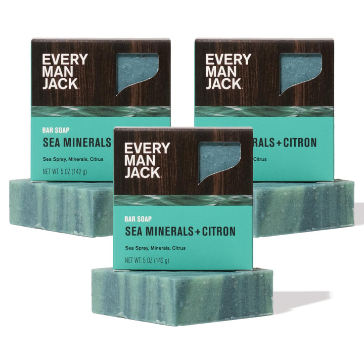 Every Man Jack front packaging showing sea minerals citron scent and recyclable box benefits