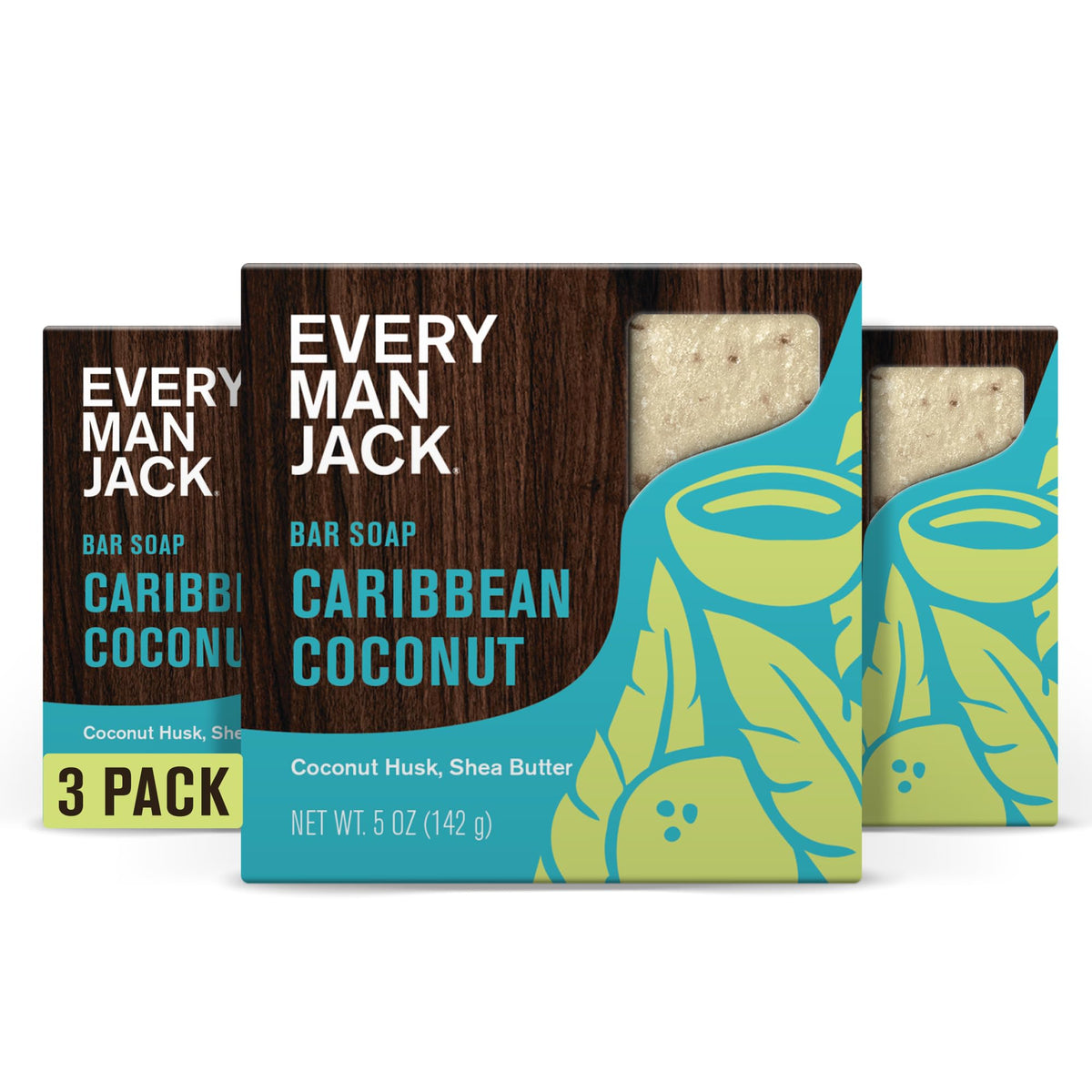 Every Man Jack front packaging showing three Tropical Caribbean Coconut bars and clean design