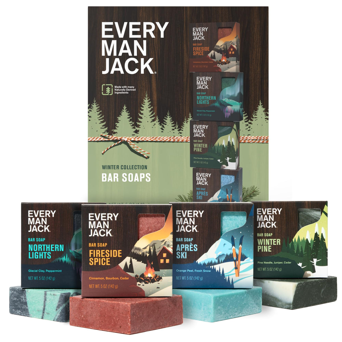 Every Man Jack front packaging winter variety gift set showing four bars and benefits