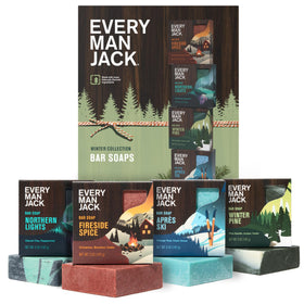 Every Man Jack front packaging winter variety gift set showing four bars and benefits