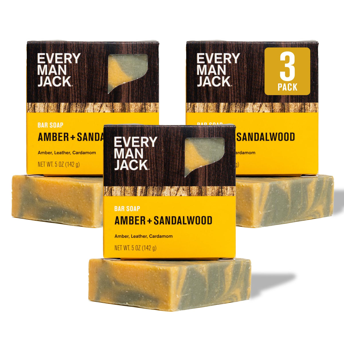 Every Man Jack front packaging showing three bars and scent name for clear identification and value