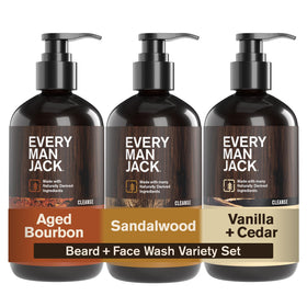 Every Man Jack front packaging trio showing three scent bottles and benefits