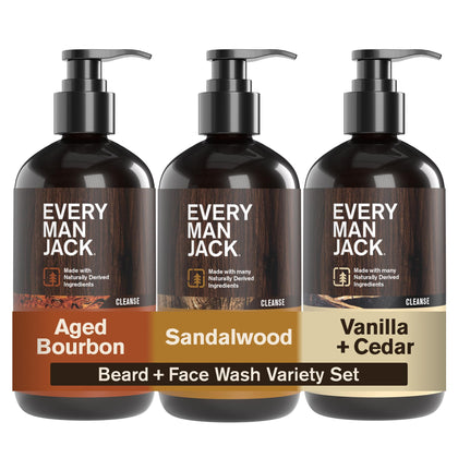 Every Man Jack front packaging trio showing three scent bottles and benefits