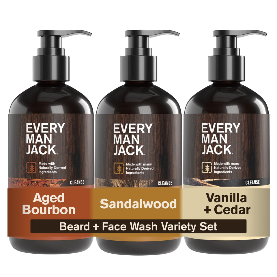 Every Man Jack front packaging trio showing three scent bottles and benefits