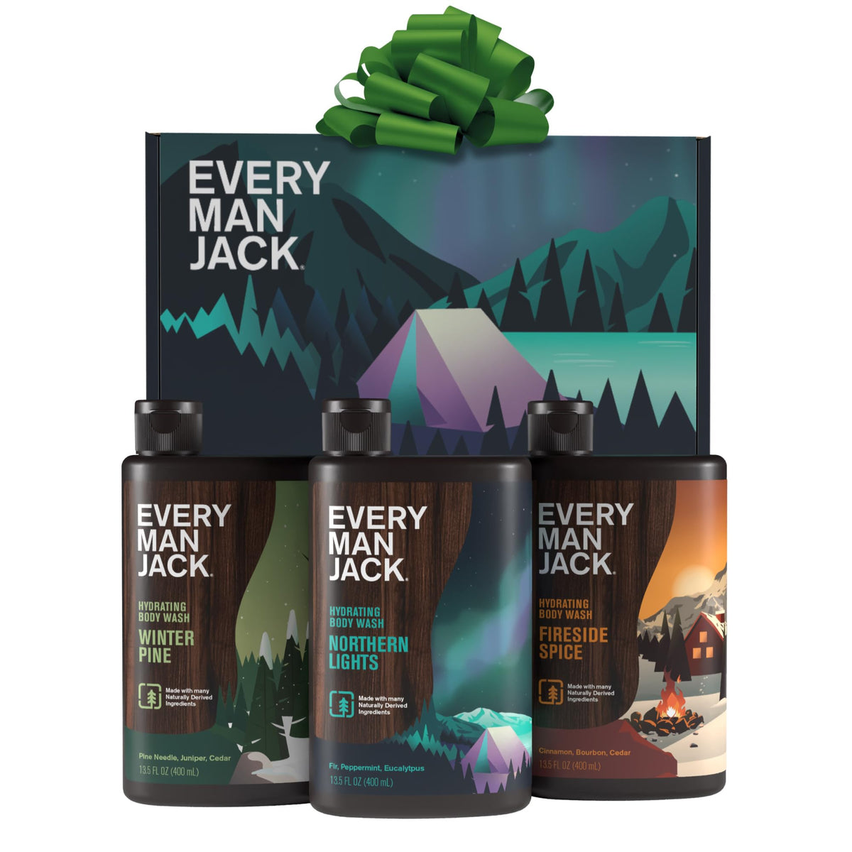 Every Man Jack front packaging showing the three winter body washes and branding benefit