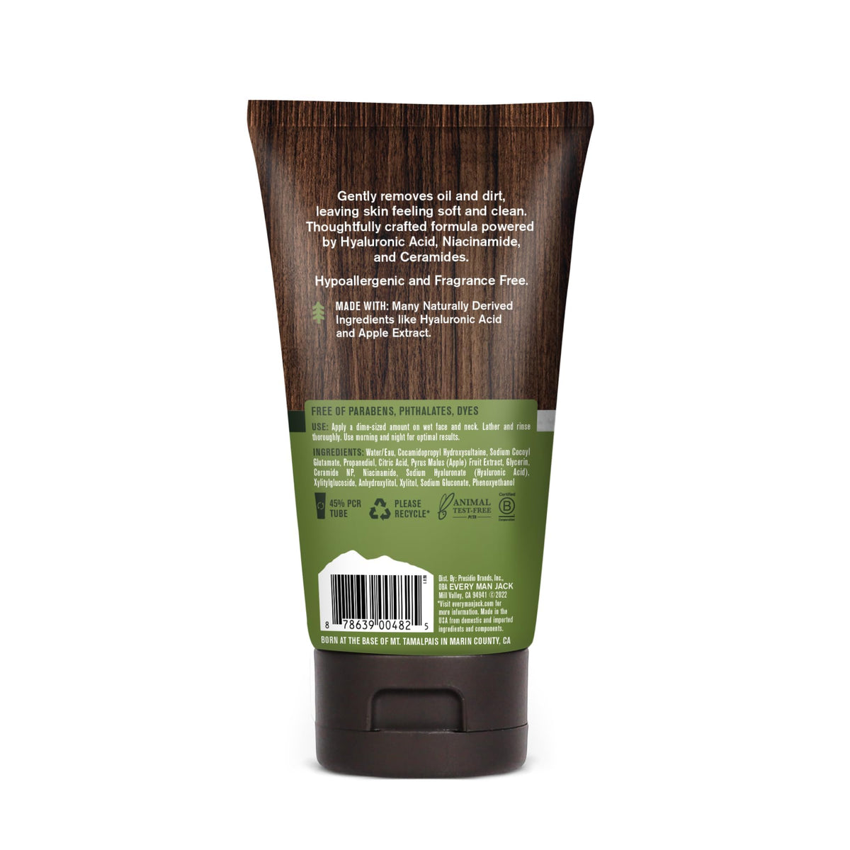 Every Man Jack ingredient label closeup showing hyaluronic acid and niacinamide