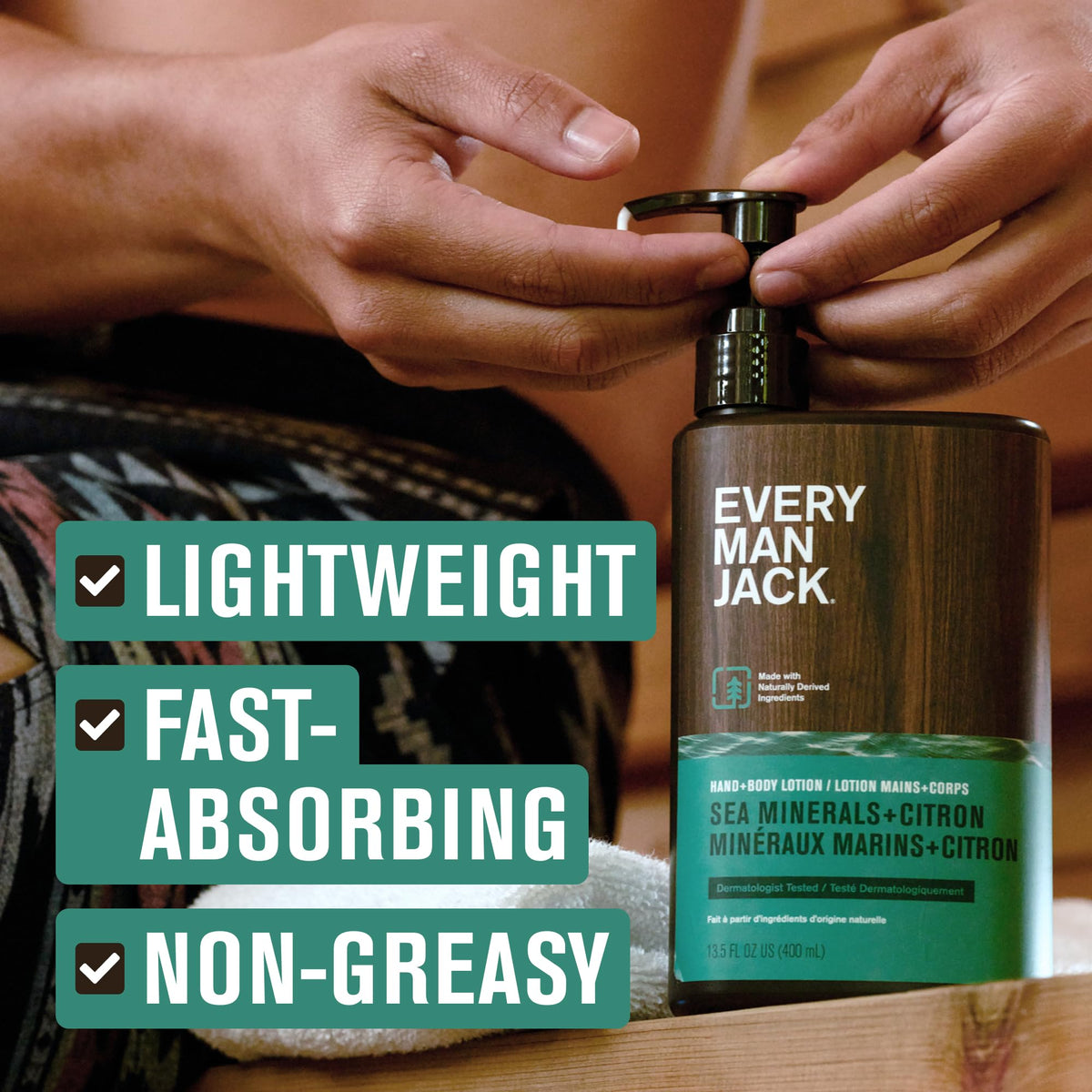 Every Man Jack lotion being massaged into hand for quick hydration benefit