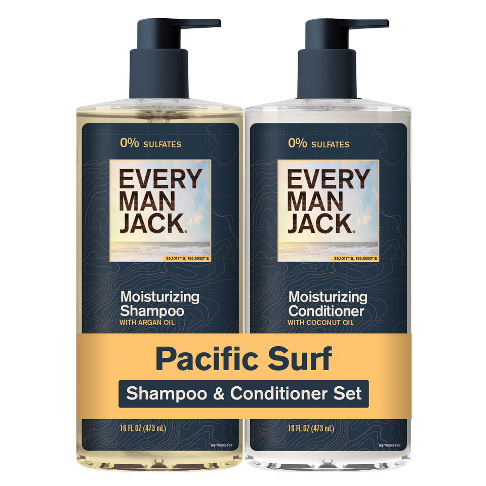 Every Man Jack front packaging showing Pacific Surf duo and clean design benefit clarity