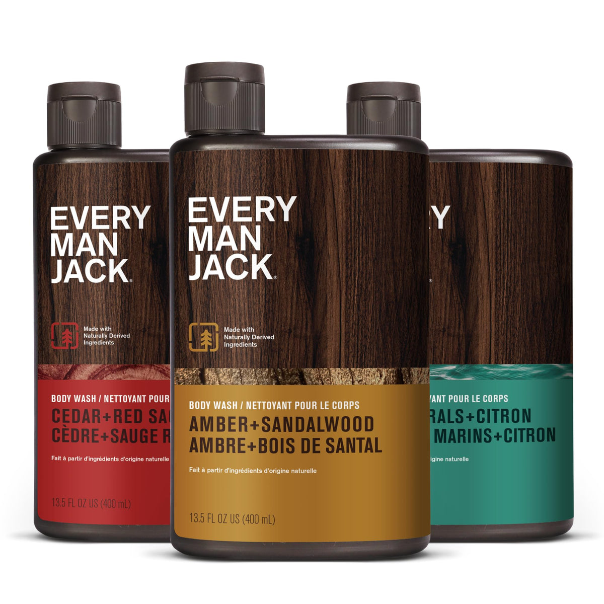 Every Man Jack pack front view showing three scented body washes for easy selection