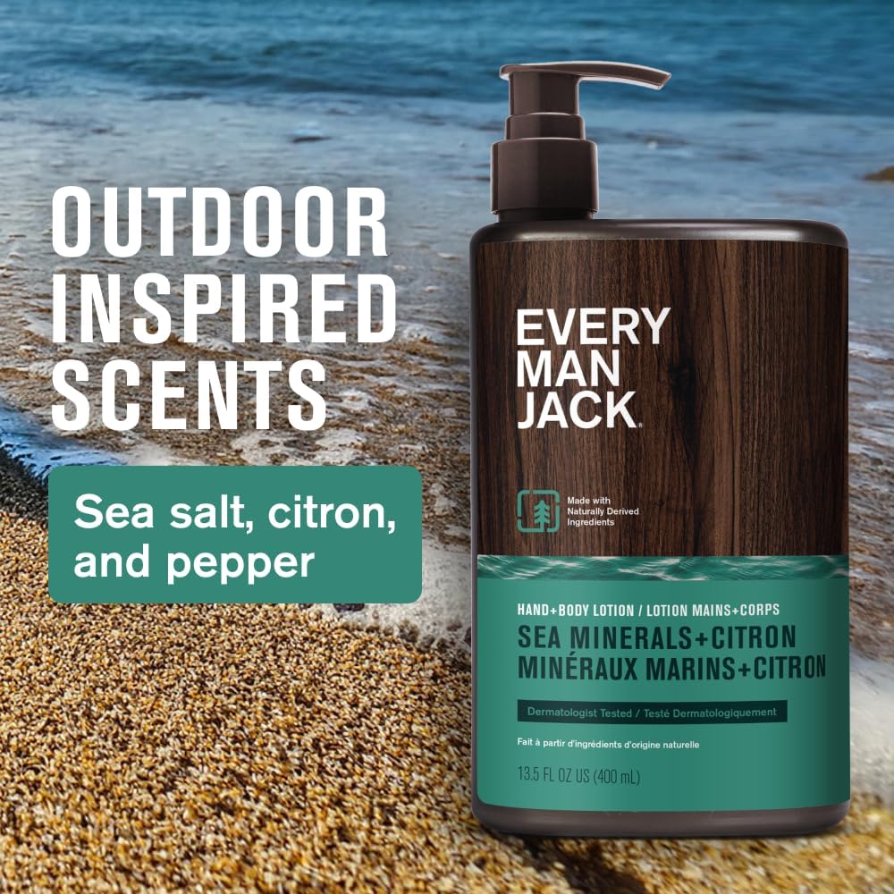 Every Man Jack pump dispensing lotion highlighting fast-absorbing texture