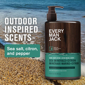 Every Man Jack pump dispensing lotion highlighting fast-absorbing texture