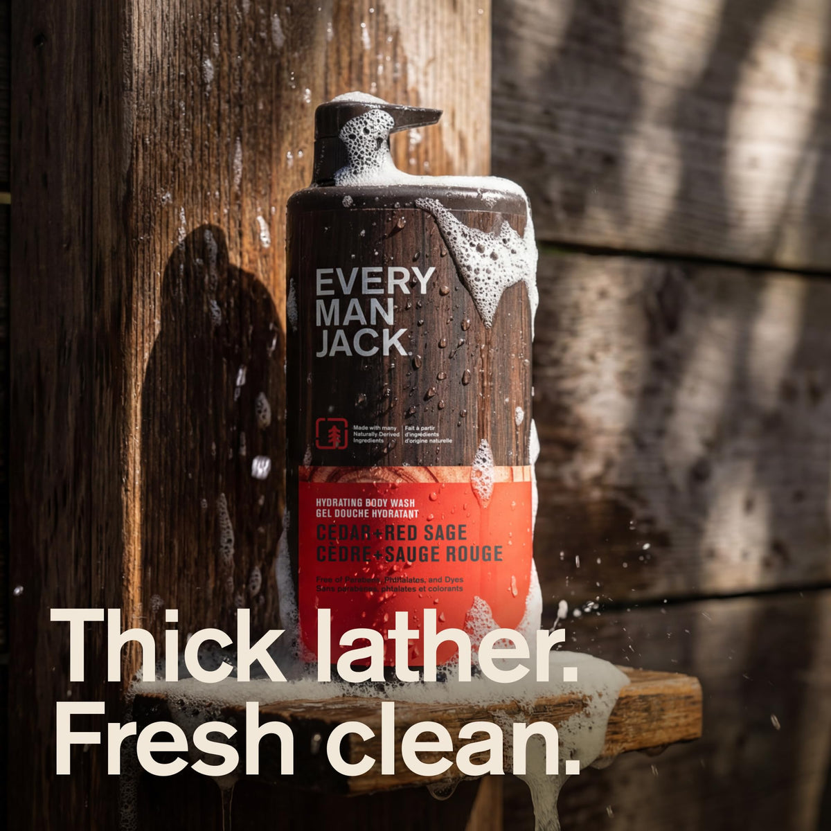 Every Man Jack pump dispensing body wash showing convenient one-handed use benefit