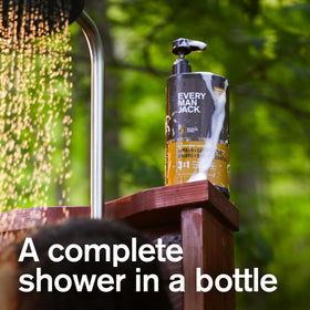 Every Man Jack pump dispenser close-up demonstrating single-hand dispensing benefit