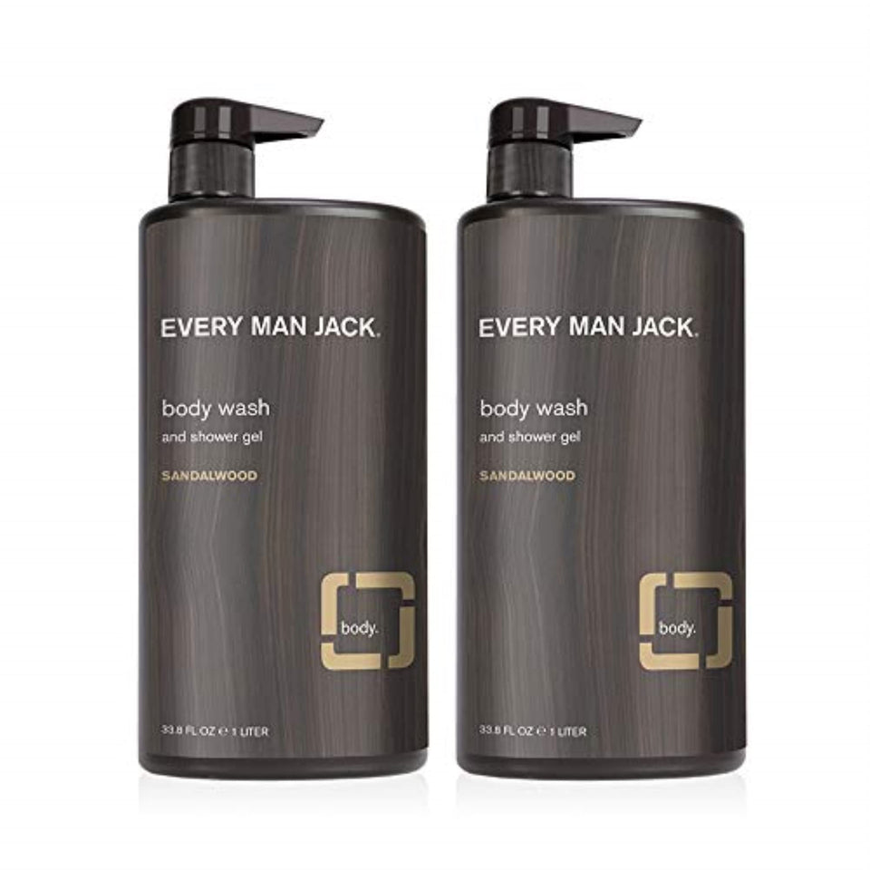 Every Man Jack front bottle view showing sandalwood label and clean packaging benefit