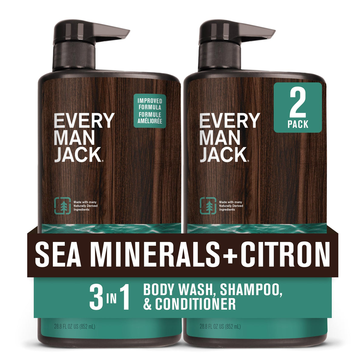 Every Man Jack front packaging showing size and scent benefits