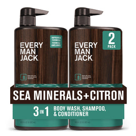 Every Man Jack front packaging showing size and scent benefits
