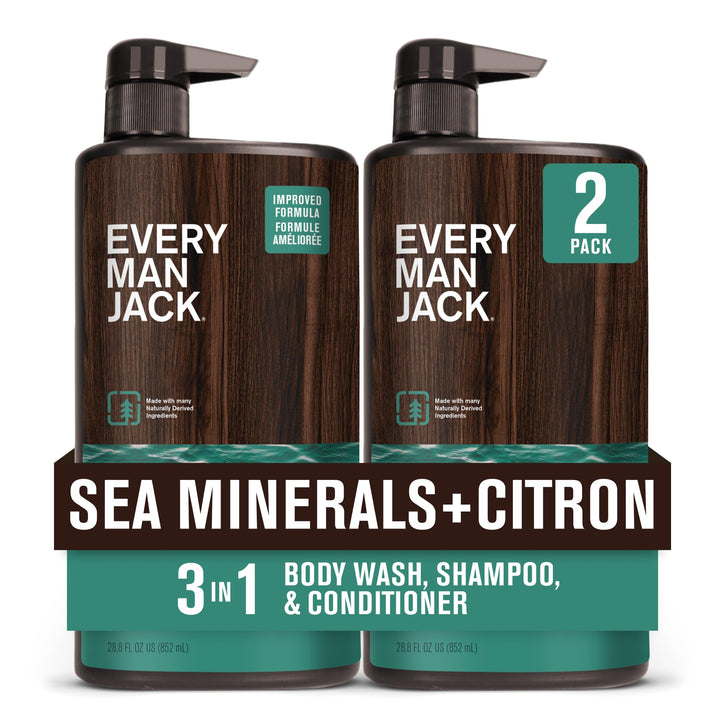 Every Man Jack front packaging showing size and scent benefits