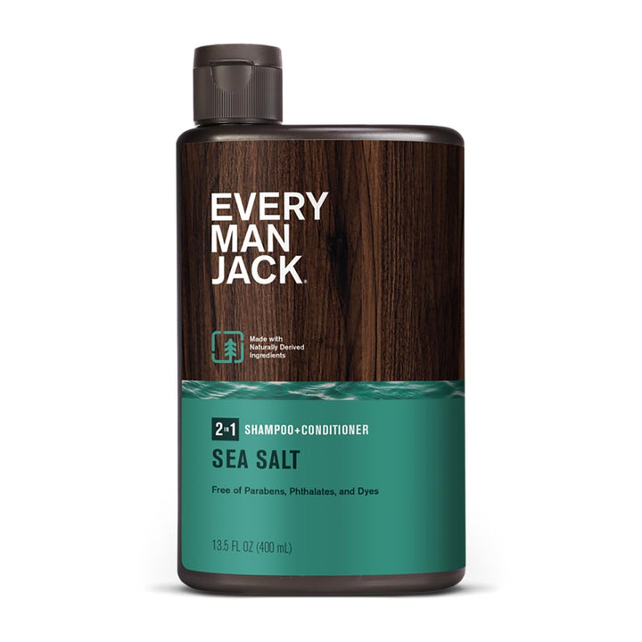 Every Man Jack front bottle showing sea salt scent and refreshing cleanse benefit