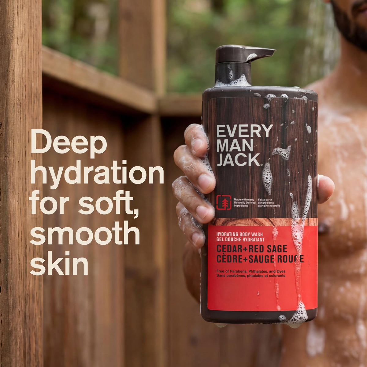 Every Man Jack bottle beside hand shows 33.8 fl oz scale for long-lasting supply benefit