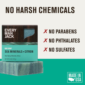 Every Man Jack soap under running water producing foam to remove grime effectively