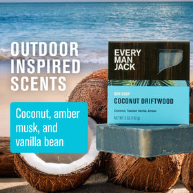 Every Man Jack split bar revealing natural ingredients and a moisturizing interior