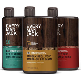 Every Man Jack three-bottle pack front view showing scent trio and size